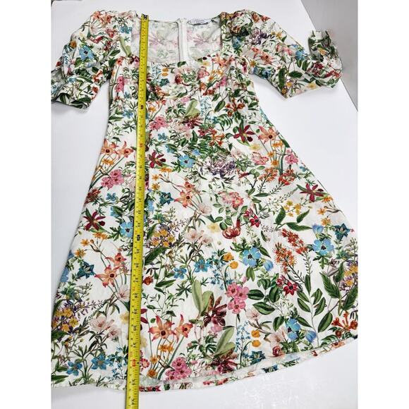 Dainty Floral Mini Dress linen floral Botanical Print Puff Sleeve 4 XS - Picture 13 of 16